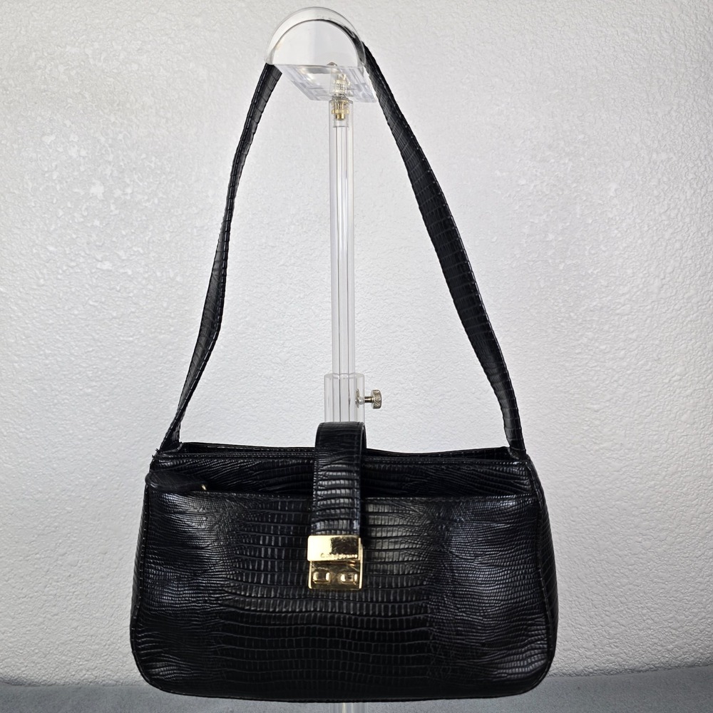 Liz Claiborne Womens Handbag Black Croc Embossed Leather Pockets Shoulder Bag